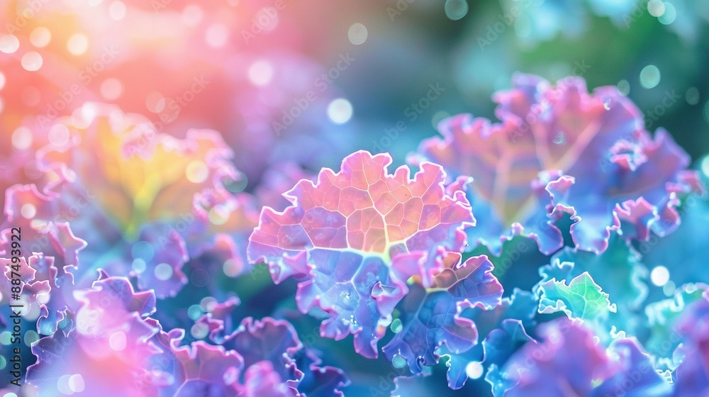 Fototapeta premium A zoomed-in image of several pink and blue flowers, adorned with water droplets on their surfaces