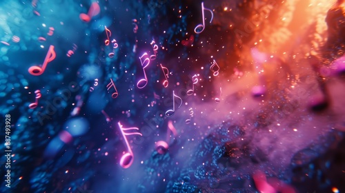 Vibrant 3D Space Featuring Floating Musical Notes photo