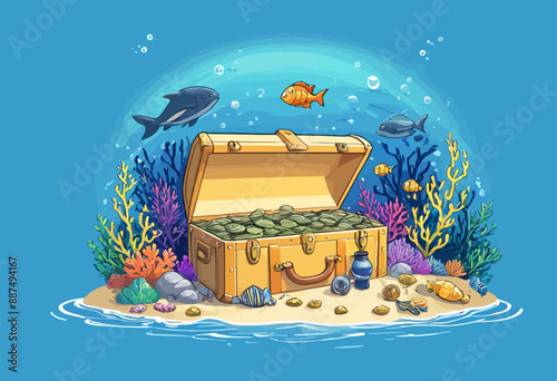 Underwater Treasure Hunt: A Golden Chest with Fish Companions