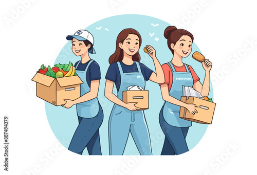 Three smiling women in blue aprons, each holding a box of fresh produce, standing in a row, with a blue circle background.