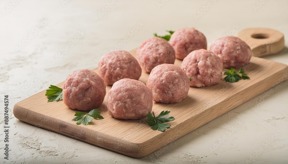 Minced raw meatballs with greens on a wooden board on a light-colored table Minced raw meatballs with greens on a wooden board on a light-colored table