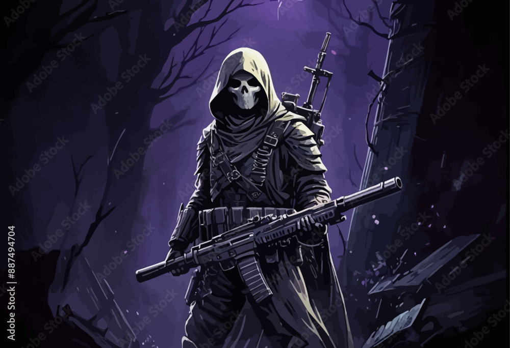 Naklejka premium Skeletal Warrior in a Post-Apocalyptic Forest