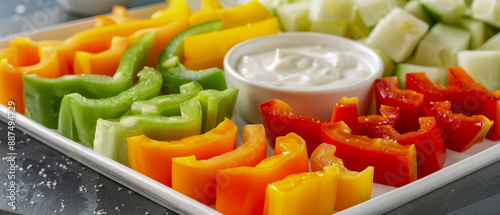 A plate of assorted vegetables, different shapes and sizes, dip yogurt sauce is white photo