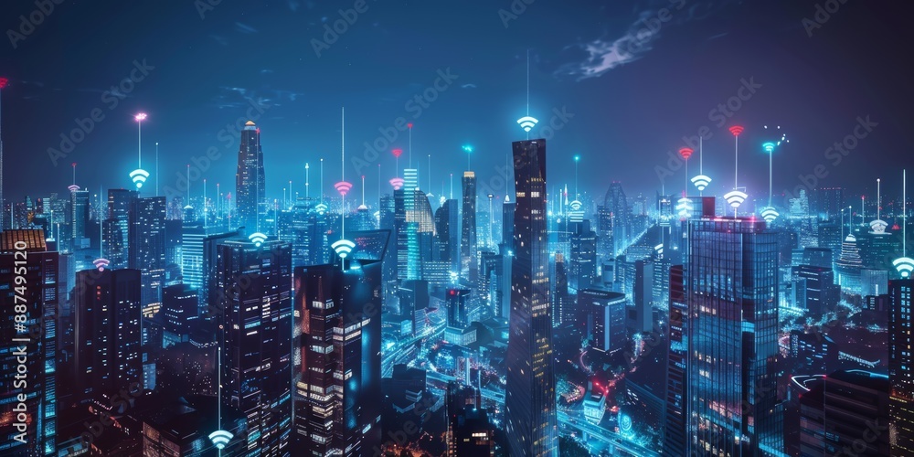 Fototapeta premium A 3D render of a modern metropolis at night, with visible WiFi signals arcing between towering skyscrapers