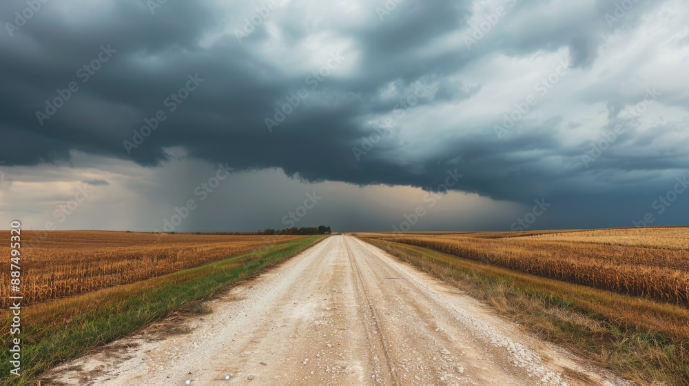 A road with a storm in the background