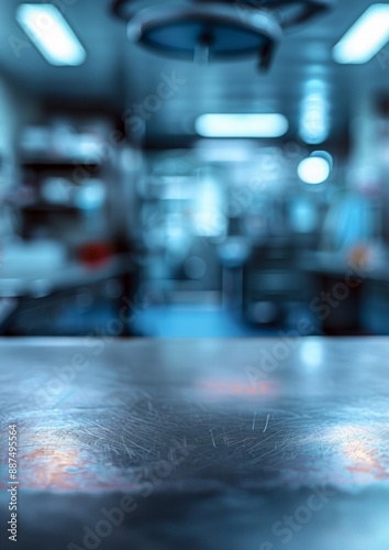 Wallpaper Mural mockup Empty metal table against the blurred background of the operating room. The concept of surgery, medicine Torontodigital.ca