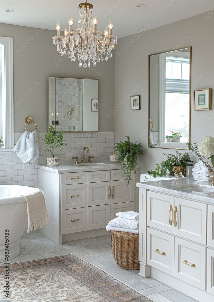 Fototapeta premium Elegant Bathroom A luxurious bathroom with a freestanding tub, marble tiles, and a crystal chandelier. Add a double vanity with gold fixtures and a large mirror. 