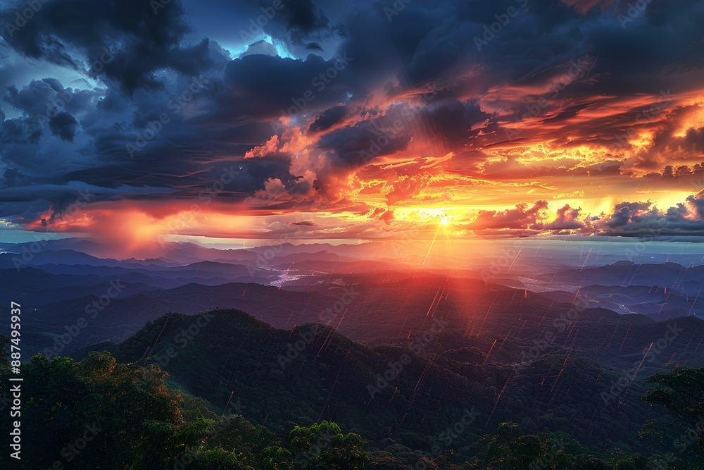 The sun is setting over the mountains on a cloudy day The sun is setting over the mountains on a cloudy day