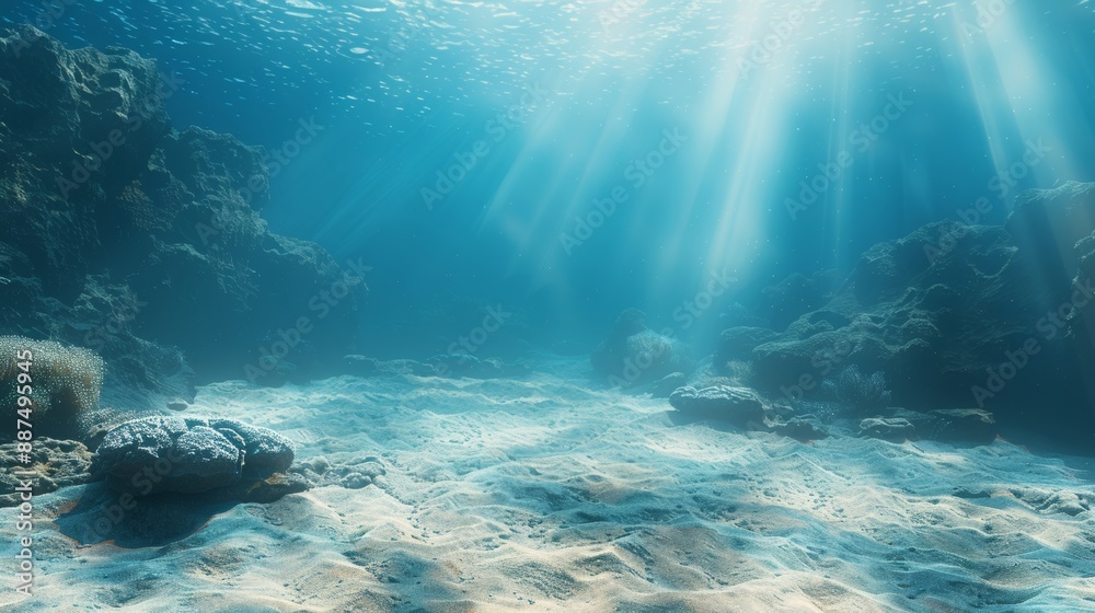 Fototapeta premium an underwater scene with sandy ocean floor, blue sea water, and coral reefs in the background