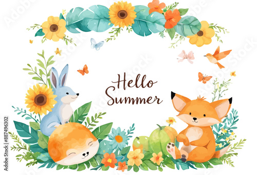 Hello Summer: A whimsical illustration of a fox, a rabbit, and a sunflower, set against a vibrant floral backdrop.