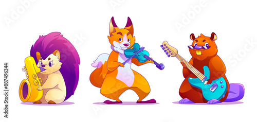 Cute animal character play in band on music instrument cartoon illustration. Kid party with fox and violin, beaver and guitar, hedgehog playing saxophone isolated set. Jazz performance orchestra
