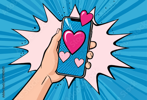 Hand Holding Heart-Shaped Cell Phone with Explosive Background