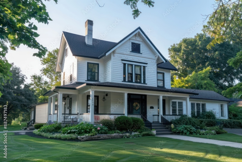 Charming two-story American style house with white exterior and black roof Charming two-story American style house with white exterior and black roof