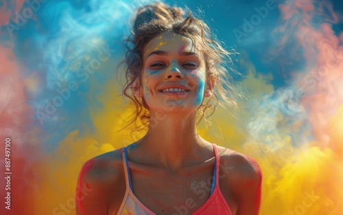 A young woman with colorful powder on her face and clothes smiles into the camera while standing in front of a brightly colored smoke cloud