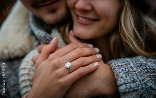 A woman with long blonde hair smiles while holding her hand up to show off a new engagement ring