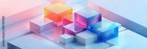 Abstract Futuristic 3D Render Minimalistic Style with Floating Geometric Shapes Isometric Design, Light Color Theme, Bright Background, and Soft Lighting