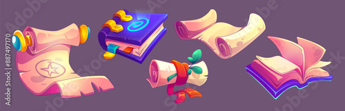 Magic book, old scroll and medieval parchment. Ancient spell paper ui game vector. Fantasy witchcraft education element for antique school. Message in letter object with ribbon and plant set