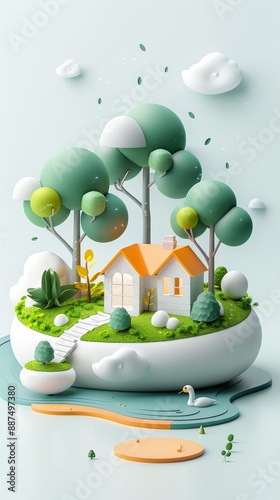 Abstract Futuristic 3D Render Minimalistic Style with Floating Geometric Shapes Isometric Design, Light Color Theme, Bright Background, and Soft Lighting