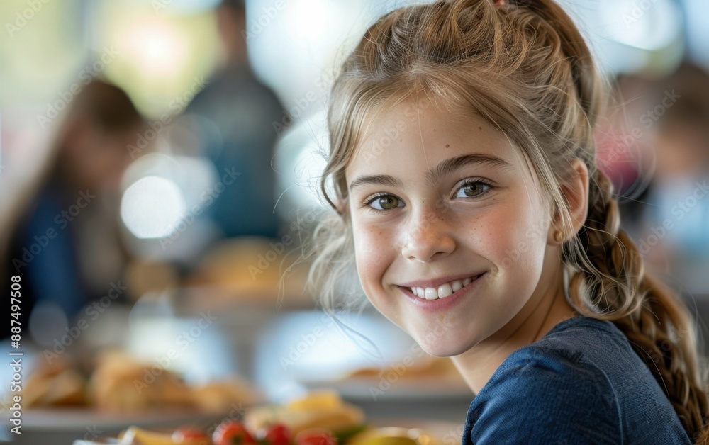 A young girl with blonde hair smiles brightly while sitting in a school cafeteria A young girl with blonde hair smiles brightly while sitting in a school cafeteria