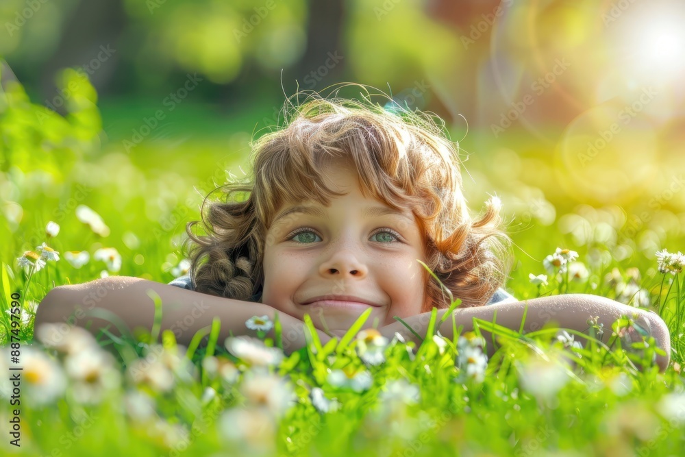 Child lying on green grass. Kid having fun outdoors in spring park Child lying on green grass. Kid having fun outdoors in spring park