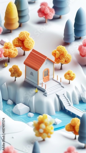 Abstract Futuristic 3D Render Minimalistic Style with Floating Geometric Shapes Isometric Design, Light Color Theme, Bright Background, and Soft Lighting