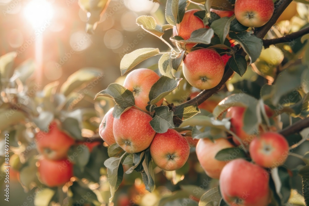 Obraz premium Close up Apple Trees Laden with Fruit at Dusk sunny bright day