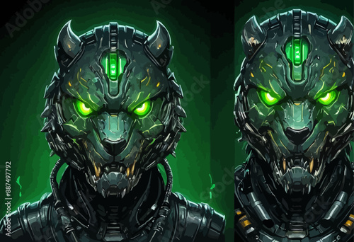 Cybernetic Warrior with Glowing Eyes and Green Light Effects