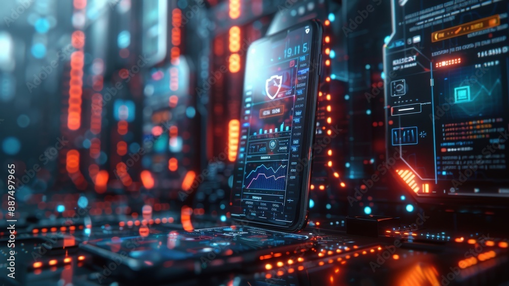 Obraz premium Futuristic Digital Interface with Smartphone Displaying Data and Security Analysis in a High-Tech Cybernetic Network EnvironmentFuturistic