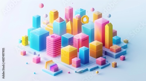 Abstract Futuristic 3D Render Minimalistic Style with Floating Geometric Shapes Isometric Design, Light Color Theme, Bright Background, and Soft Lighting
