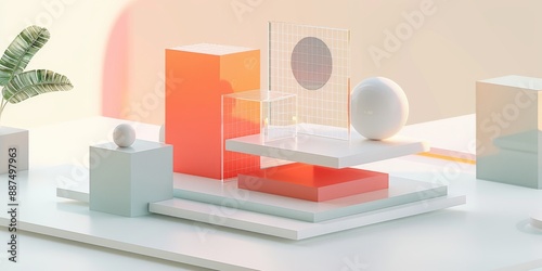 Abstract Futuristic 3D Render Minimalistic Style with Floating Geometric Shapes Isometric Design, Light Color Theme, Bright Background, and Soft Lighting