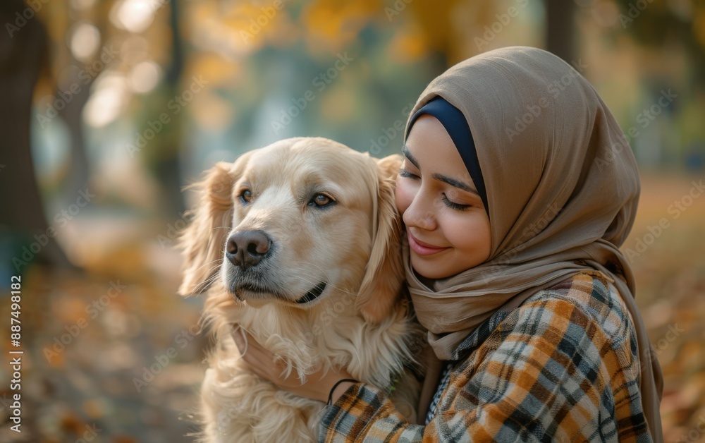 A smiling Muslim woman wearing a headscarf cuddles a golden retriever in a park, surrounded by fallen autumn leaves A smiling Muslim woman wearing a headscarf cuddles a golden retriever in a park, surrounded by fallen autumn leaves