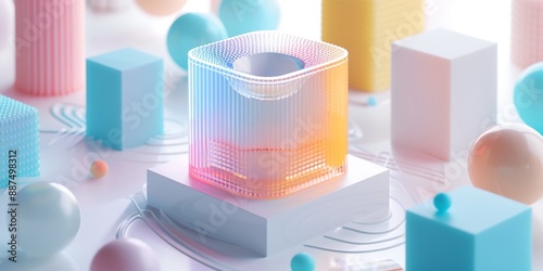 Abstract Futuristic 3D Render Minimalistic Style with Floating Geometric Shapes Isometric Design, Light Color Theme, Bright Background, and Soft Lighting