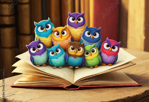 Colorful Owl Figurines on Open Book