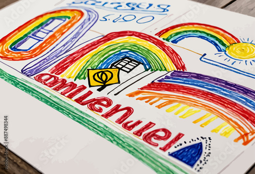 Colorful hand-drawn rainbow and sun illustration with the word amianel