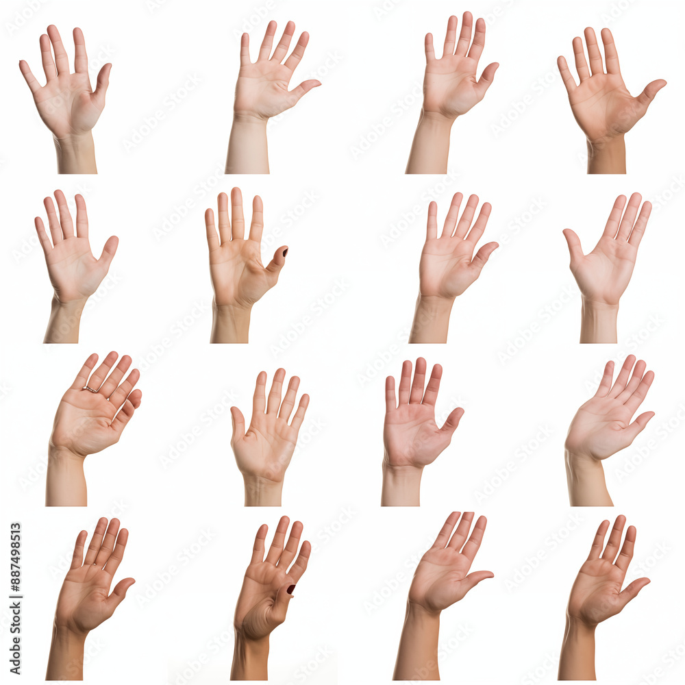 Assortment of Human Hands Raised in Different Gestures Isolated on White Background Showing Variation