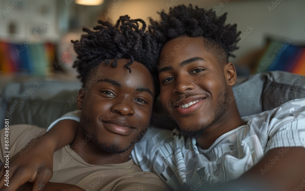 Two smiling gay black men cuddle on a couch indoors Two smiling gay black men cuddle on a couch indoors