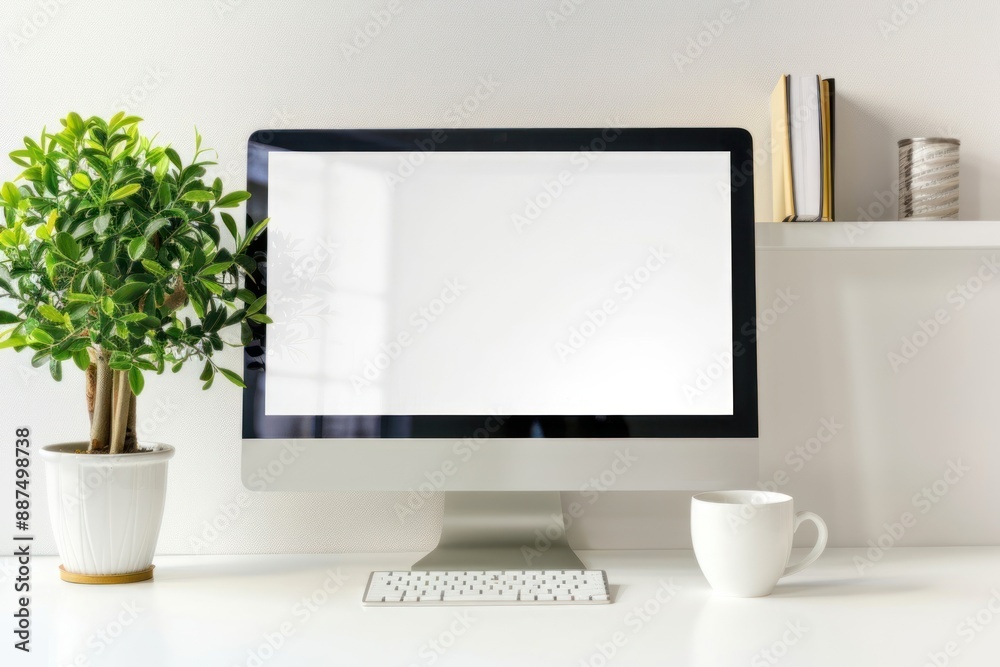 Close up view of creative workspace with blank screen computer, mug, tree pot and copy space Close up view of creative workspace with blank screen computer, mug, tree pot and copy space