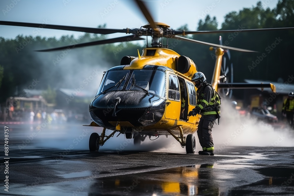 Firefighters extinguishing burning helicopter on helipad during the day in close up view Firefighters extinguishing burning helicopter on helipad during the day in close up view