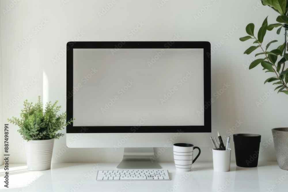 Close up view of creative workspace with blank screen computer, mug, tree pot and copy space