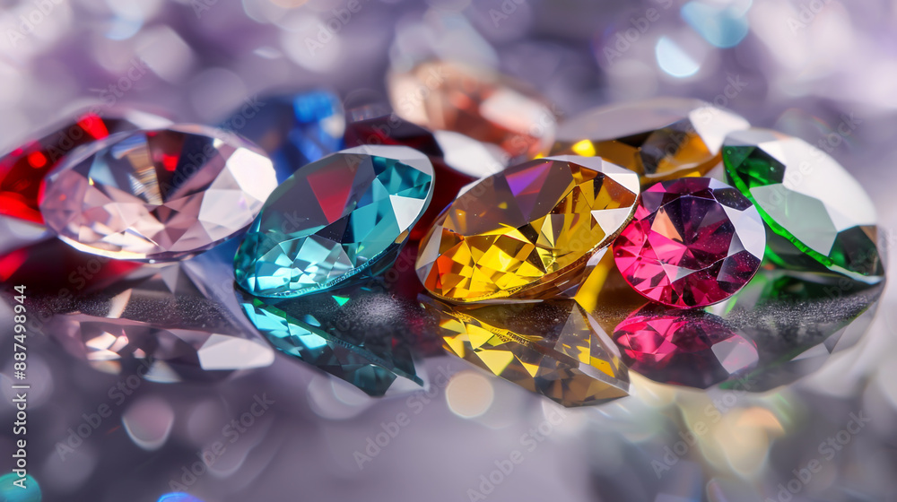 A variety of vibrant diamonds, varying in size and color, positioned on a glossy surface under gentle illumination.