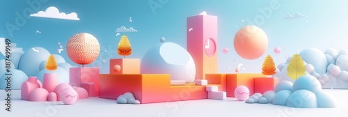 Abstract Futuristic 3D Render Minimalistic Style with Floating Geometric Shapes Isometric Design, Light Color Theme, Bright Background, and Soft Lighting