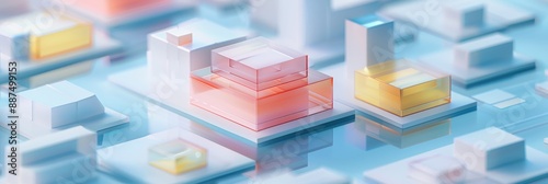 Abstract Futuristic 3D Render Minimalistic Style with Floating Geometric Shapes Isometric Design, Light Color Theme, Bright Background, and Soft Lighting