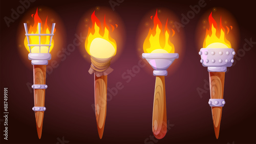 Burning fire torches set isolated on black. Vector cartoon illustration of ancient torchlights with wooden handle and flame illumination, antique lantern, castle dungeon or palace interior elements