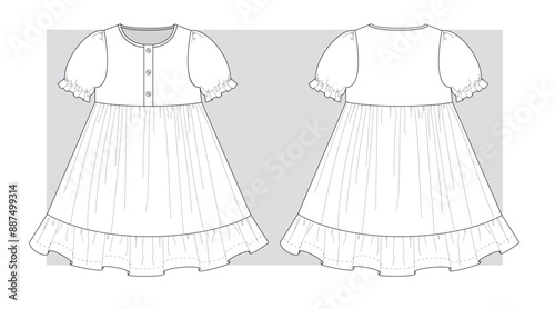 Dress with a lantern sleeve and a flared skirt with a frill at the bottom. Technical scketch.