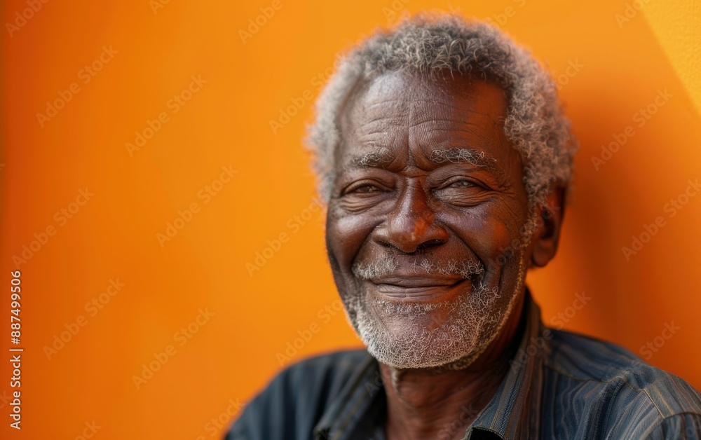 A smiling senior black African American man stands in front of an orange wall. He is wearing a blue and white striped shirt A smiling senior black African American man stands in front of an orange wall. He is wearing a blue and white striped shirt