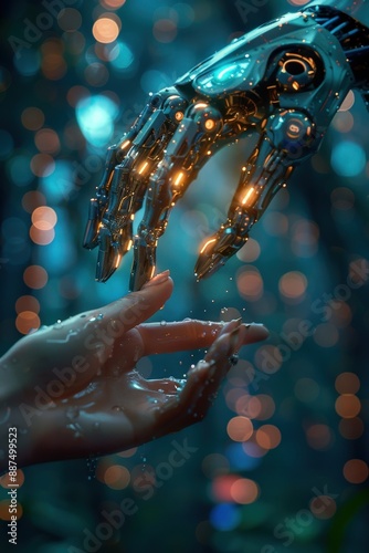 Human hand reaching out to touch illuminated robotic hand in mesmerizing forest with glowing bokeh lights, symbolizing futuristic technology and connectionfuturistic