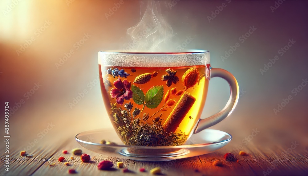 Aromatic Herbal Tea with Cinnamon and Flowers in Glass Cup. Aromatic Herbal Tea with Cinnamon and Flowers in Glass Cup.