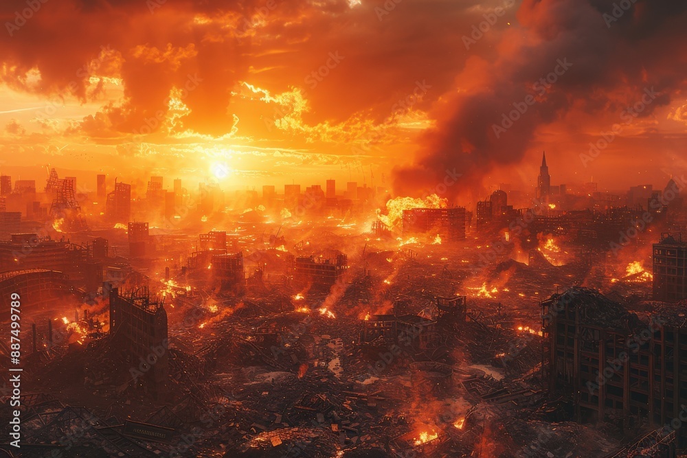 Apocalyptic Cityscape at Sunset with Fire and Smoke Engulfing Ruined Buildings and Burning Skyline of a Post-Apocalyptic Urban Environmentapocalypse Apocalyptic Cityscape at Sunset with Fire and Smoke Engulfing Ruined Buildings and Burning Skyline of a Post-Apocalyptic Urban Environmentapocalypse