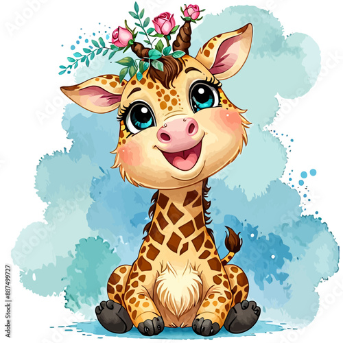 Cheerful Giraffe with Flower Crown and Smiling Expression