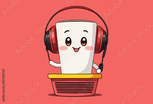 Cheerful Cartoon Character with Headphones and Microphone, Ready to Sing or Broadcast